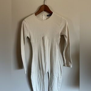Prettylittlething | Cream Ribbed Long Sleeve Bodycon Onesie Bodysuit